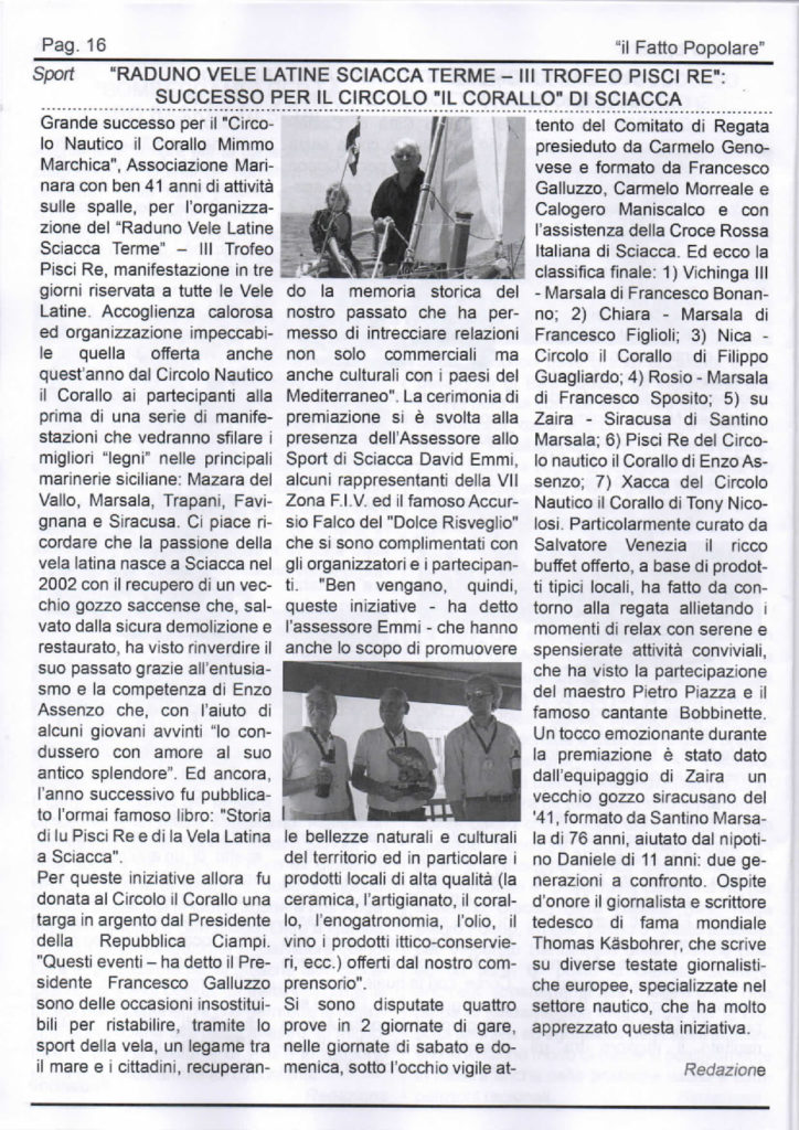 Articolo sul Fatto Popolare sul 3° Trofeo Pisci Re