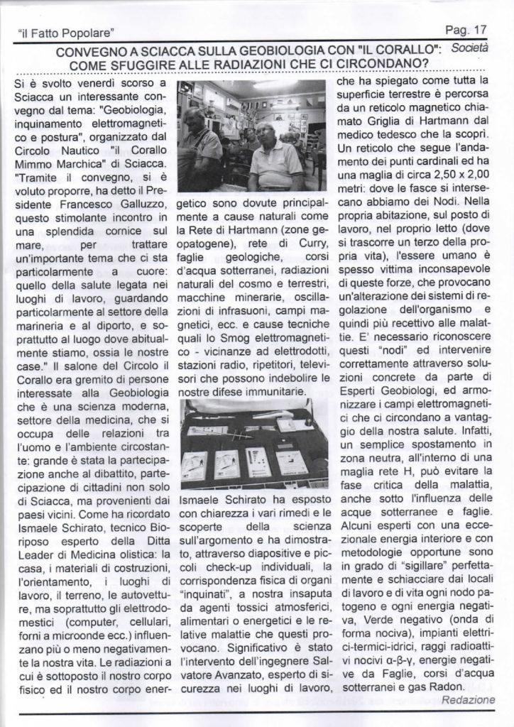 Articolo de il Fatto Popolare sul Convegno sulla Geo Biologia al Coralla